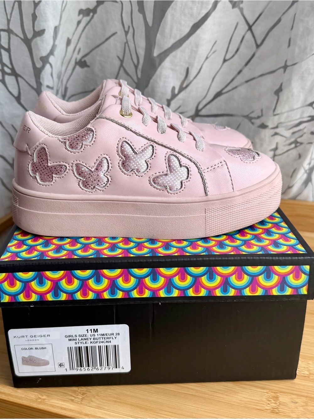 Kurt Geiger Pink Leather Platform Sneakers with Butterflies